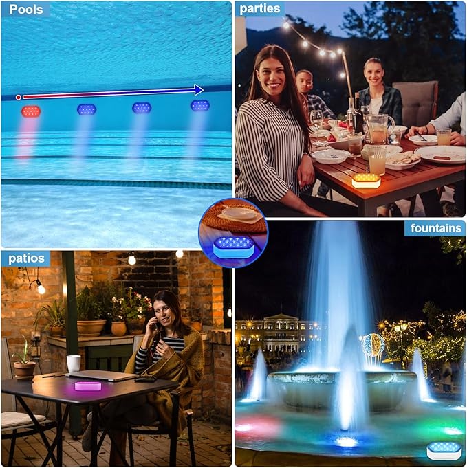 Pool Lights, Rechargeable Submersible LED Lights, Pool Lights for Inground Pool, IP68 Waterproof Lights 16 Color Chase Mode Underwater Light with Rechargeable Remote-8 Pack