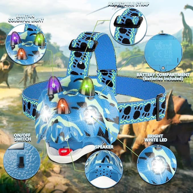 Triceratops LED Headlamp Dinosaur Headlamp for Kids Camping Gear Essentials Outdoor Toy Head Lamp Flashlight for Boys Girls or Adults Ideal Gift for Birthday, Halloween, Christmas, New Year