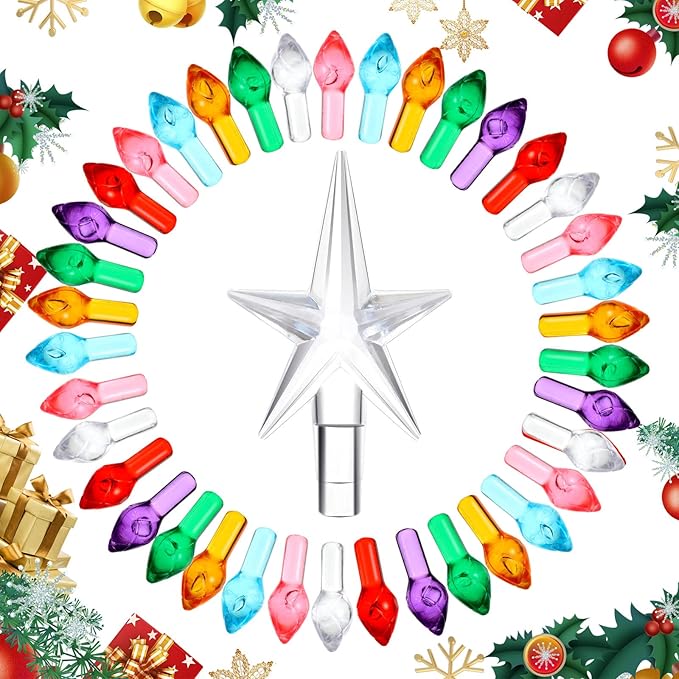 Boao 100 Pieces Ceramic Christmas Tree Bulbs and 5 Stars Replacement Plastic Bulbs for Ceramic Christmas Tree Decorations(3.8 mm Diameter,Assorted Color)