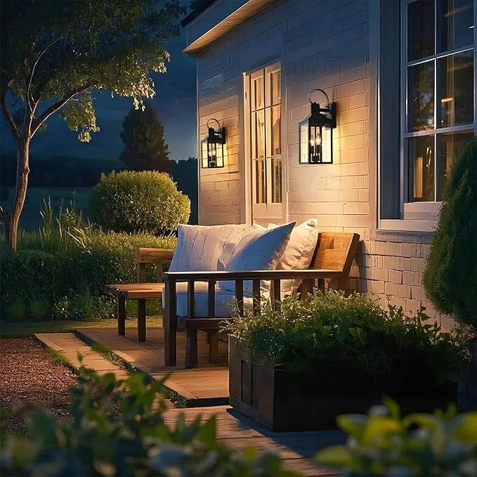 18.9" Black Motion Sensor Outdoor Wall Lantern, 2-Light Industrial Porch Light with Clear Glass Waterproof Exterior Light Fixture Sconce for Outside Porch, Patio, and Garage (1 Pack)