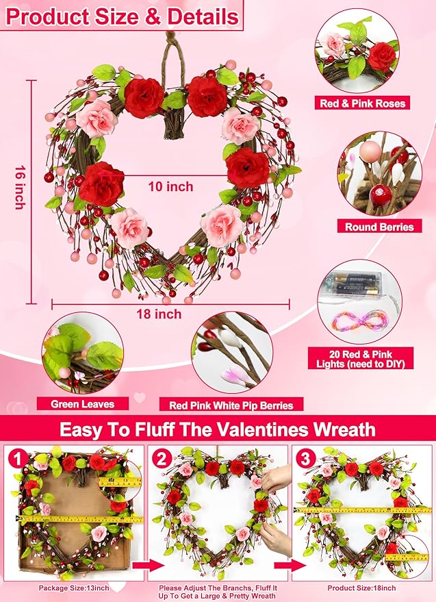 Valentines Day Wreath Decor with 20 Red and Pink Lights Timer, 18 Inch Valentines Wreaths for Front Door Rose Berry Green Leaf, Wood Heart Wreaths for Anniversary Valentines Day Decor Outdoor Indoor