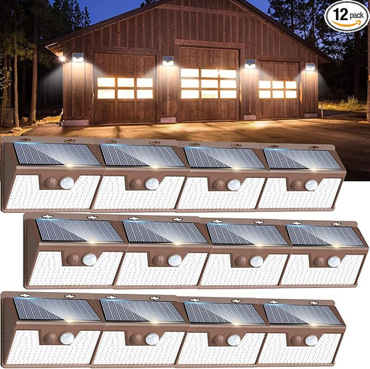 Peasur Solar Lights Outdoor Waterproof [12 Packs/140 LEDs], 3 Lighting Modes Solar Motion Sensor Light Outdoor, Ultra Bright Security Lights Outdoor Solar Lights for Outside Fence Patio Deck[Brown]