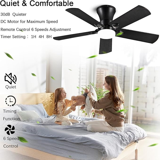 Ceiling Fans with Lights, 42 inch Low Profile Ceiling Fan with Light and Remote Control, Flush Mount, Reversible, 3CCT, Dimmable, Noiseless, Black Ceiling Fan for Bedroom, Indoor/Outdoor Use