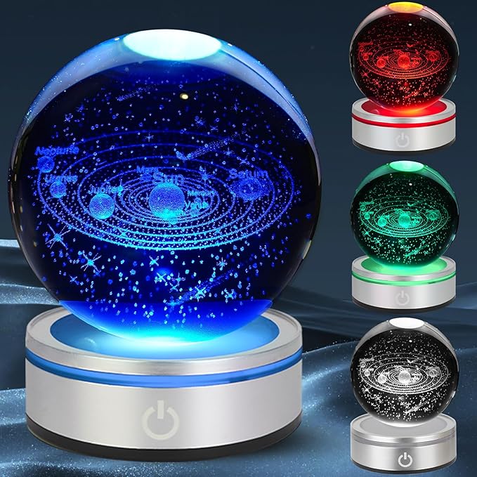 3D Solar System Crystal Ball Night Light with LED Colorful Lighting Touch Base Upgrade 3.15 In Galaxy Planets Glass Ball Lamp Paperweight Astronomy Gift Decor for Boys Girls Kids Birthday Christmas