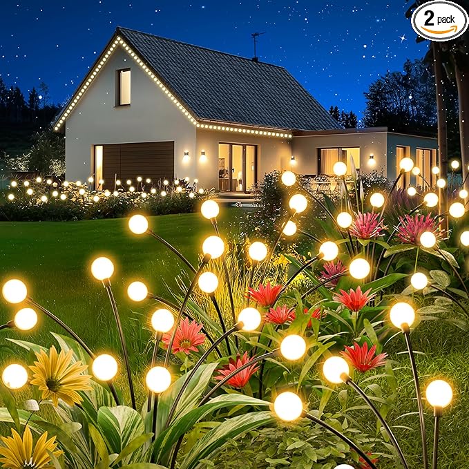 Solar Lights Outdoor Waterproof: 2 Pack 16 LED Swaying Firefly Solar Powered Garden Lights - Warm LED Lighting Outside Pathway Yard Patio Decorations - Unique Gardening Gifts for Women Mom