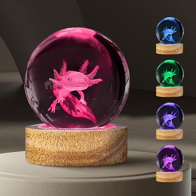3D Axolotl Crystal Ball Night Light with 16 Color, Unique 60mm Axolotl Figurines Glass Ball Lamps with Remote Cool Axolotl Toy Room Table Decor Birthday Christmas Gifts for Boys Girls Kids Friends