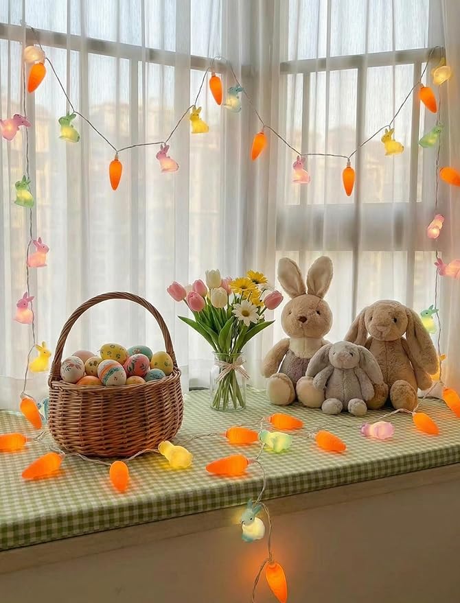 LED Easter Bunny Carrot String Lights, 8.5Ft Plug in Rabbit Lights Indoor Easter Decorations, 10 Multicolor Bunny Carrots for Outdoor Party Birthday Garden Spring Home Decor for Kids