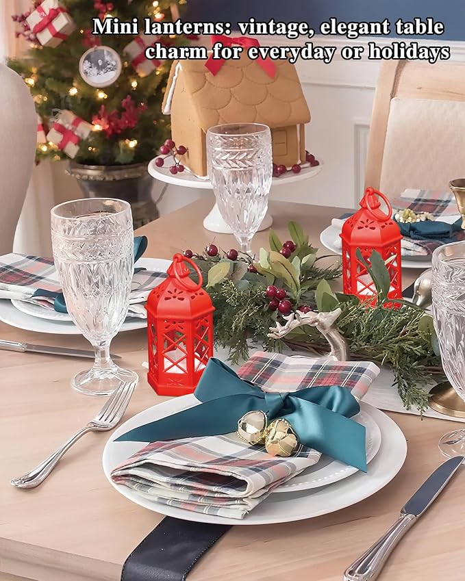 8-Pack Mini Lanterns for Ramadan, Christmas, Small Decorative Lanterns with Flickering LED Candle for Enchanted Forest Wedding, Moroccan Lantern for Table Centerpiece, Medieval Decor, Red