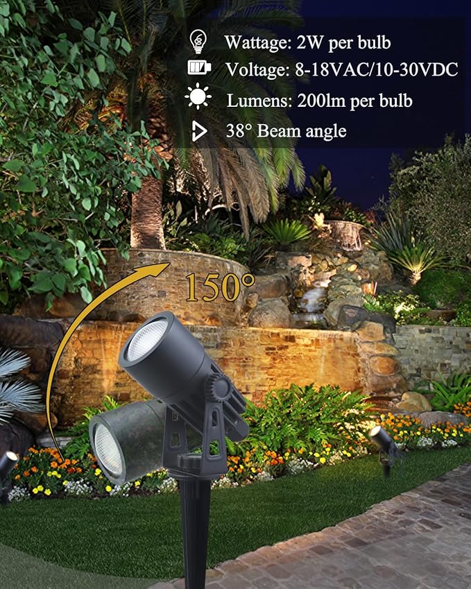 Outdoor Mini Spotlights, MR11 LED Bulb 12V Low Voltage Landscape Spotlight 2W 200lm, 2700K Warm White IP65 Waterproof Aluminum Light Fixture, 1 1/4" Short Head 4-Count