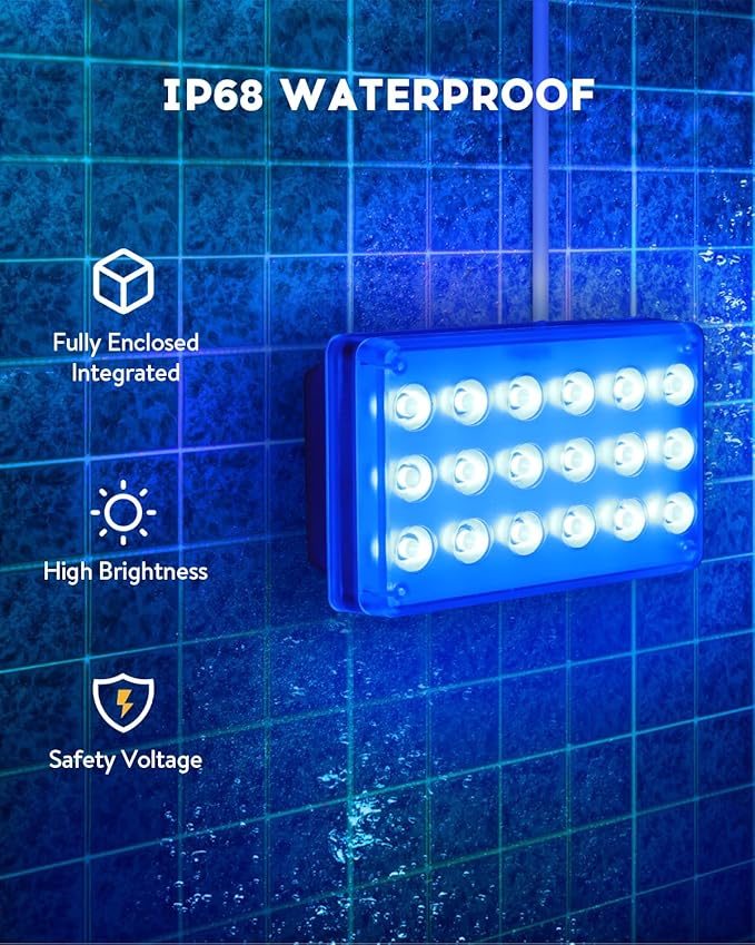 Vangue Solar Pool Lights, Solar Powered LED with IP68 Waterproof, 16 Colors, 7 Brightness Levels, and Timer for Swimming, Inground and Above Ground (Solar Pool Lights 2 Pcs)