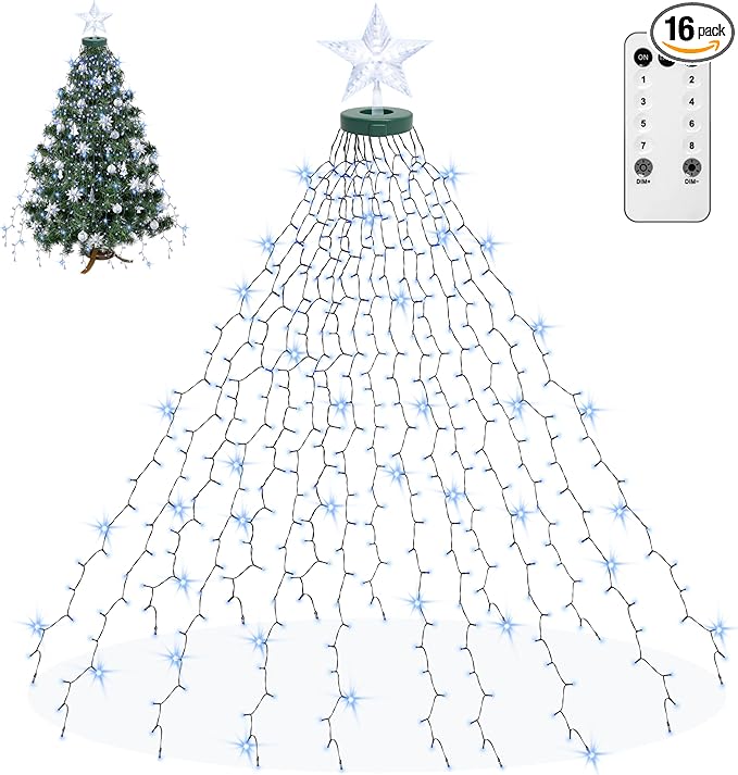 Aneeway Tree Lights with Star Toppers, 410 LED Lights with 8 Modes & Memory Function, 6.6FT x 16 String Lights, Remote Control & Timing for Christmas Ornaments - Cold White