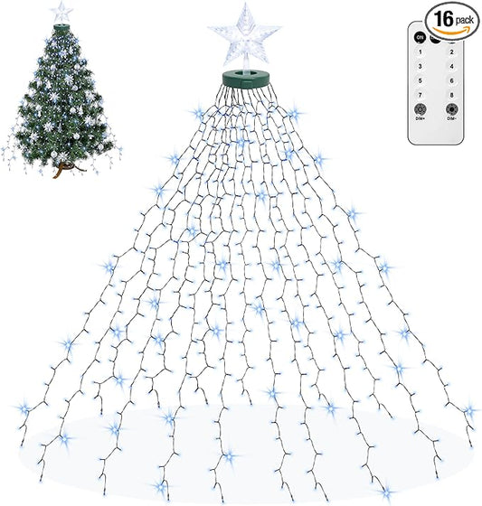 Aneeway Tree Lights with Star Toppers, 410 LED Lights with 8 Modes & Memory Function, 6.6FT x 16 String Lights, Remote Control & Timing for Christmas Ornaments - Cold White