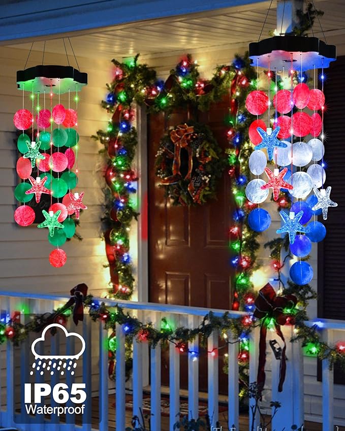 Toodour Solar Decorative Lights Outdoor, Red White Blue Shells Lights Gifts for Mom Grandma Women Wife Girls, Solar Wind Chimes Outside Decorative Mobile Light for Garden Porch Yard Window Decor