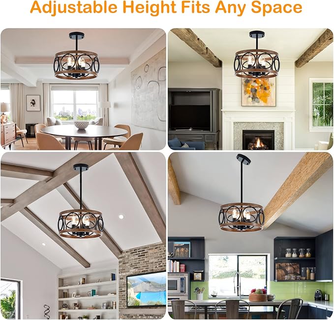 4-Light Farmhouse Drum Pendant Light,12.6'' Nature Wood Texture Vintage Rustic Chandeliers Black Metal Industrial Hanging Light Fixtures for Entryway, Bedroom Dining Room
