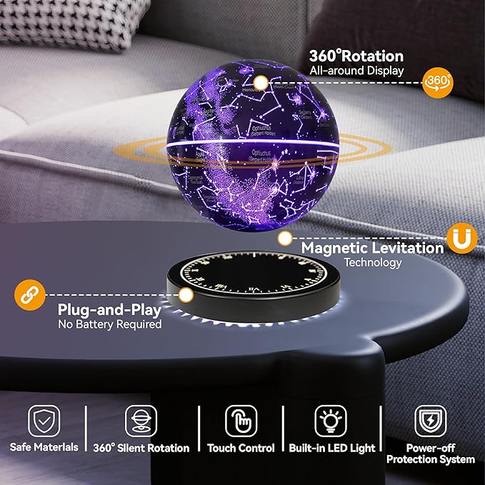 Magnetic Levitation Planet Constellation,Levitating Decor with LED Multi-Color Lights,360°Rotating with Touch Control for Home Office Desk Decor,Cool Tech Gift for Men