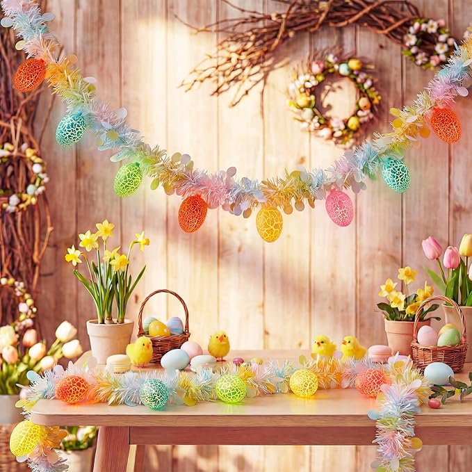 Easter Cracked Egg String Lights, 8.5Ft Plug in Easter Egg Garland with 10 LED Multicolored Cracked Eggs, Tinsel Garland Decor for Home Bedroom Garden Party Indoor Outdoor Decorations