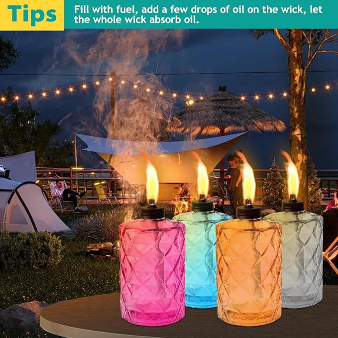 4 Pack Colorful Glass Garden Torch,60-Inch Outdoor Torch Garden Décor, Upgraded 12 oz Citronella Torches with 3-Prong Grounded Stake,Metal Light Torches for Party Patio Pathway