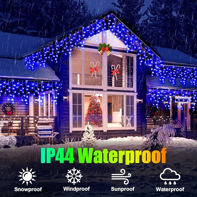 Christmas Lights Outdoor, 98FT 900LED Ice Lights for Outside, Ice String Lights with 8 Modes, Waterproof Timer Memory Hanging Light for Eaves Party Yard Garden(Blue)