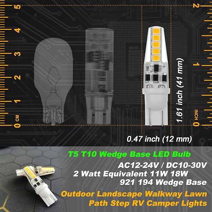 T10 Wedge Base Landscape 194 921 LED Light Bulb 2700K Warm White 3W Equivalent 15W 20W Low Voltage AC/DC12V-24V T5 LED Bulb for Landsacpe Garden Deck RV Camper Marine Boat Dome Lighting, 8 Pack