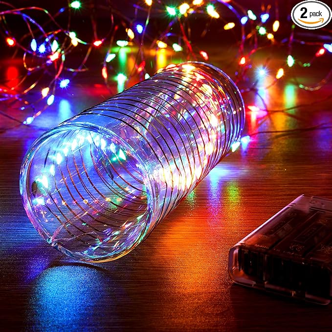 2 Pack 16.4ft Battery Operated String Lights with Timer, Multi Color with Synchronized Twinkle Mode, Fairy Lights Battery Powered, 50 LED, Idea for Christmas Bedroom Party Wedding