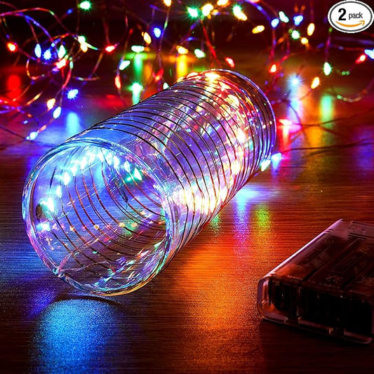 2 Pack 16.4ft Battery Operated String Lights with Timer, Multi Color with Synchronized Twinkle Mode, Fairy Lights Battery Powered, 50 LED, Idea for Christmas Bedroom Party Wedding