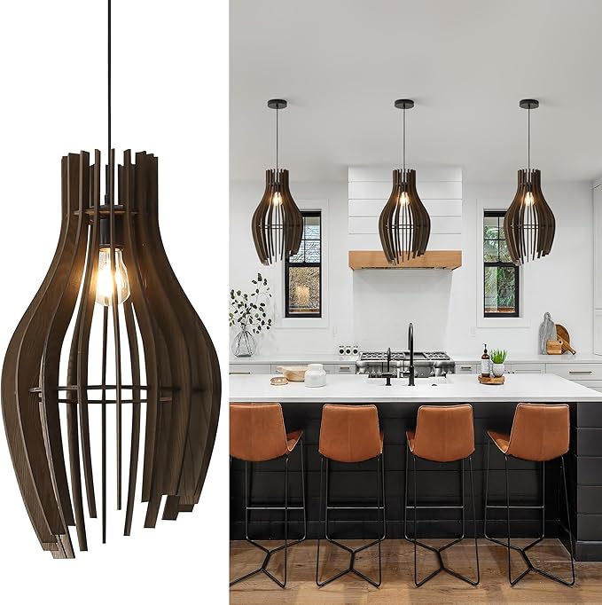 Vintage Wood Pendant Light Fixtures, Modern Farmhouse Walnut Dining Room Chandelier, Mid-Century Ceiling Mount Hanging Light Fixture for Kitchen, Bedroom, Living Room, Foyer, Art Decor, Black