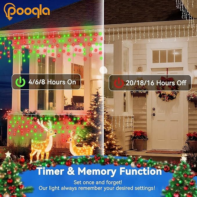Pooqla Color Changing Icicle Lights with Remote, 34 Colors Christmas Outdoor Decoration, 165 LED 26.2 FT RGB Waterproof Hanging String Lights for Roof Window Home Party Easter Decorations