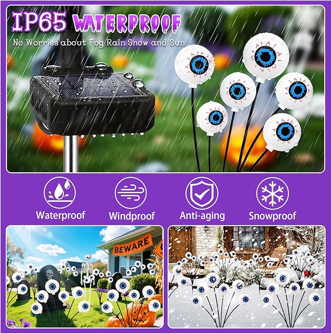 Halloween Decorations Outdoor, 4 Pack 24 LED Solar Purple Scary Eyeball Swaying Lights, Purple Solar Firefly Light Waterproof Outdoor Garden Lights for Halloween Yard Garden Lawn Party Flower Bed