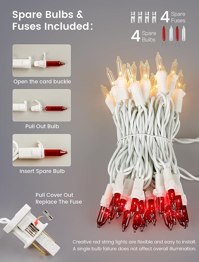 Hopolon Christmas Mini Lights, 2 Pack 13 FT 50 Count Plug in Christmas Tree Lights, 120V Waterproof Connectable White Wire String Light Set for Indoor Outdoor Valentines Day Wedding Decor Red & Clear