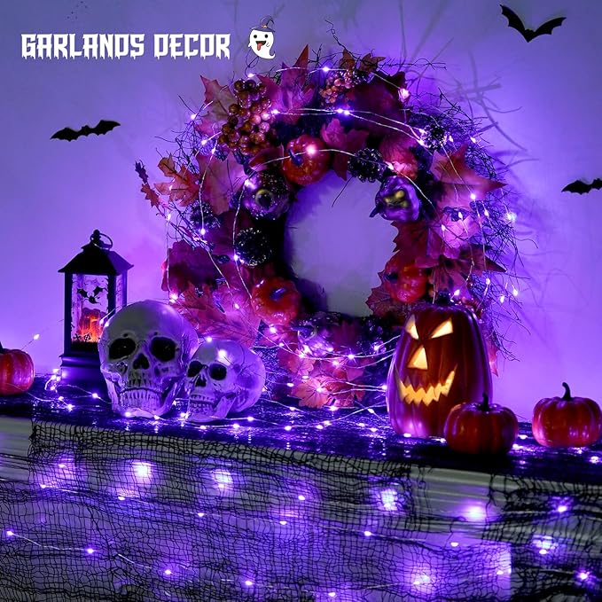 JMEXSUSS 2 Pack Halloween Fairy Lights Battery Operated, Total 400 LED 132ft Purple Halloween String Lights Indoor with Remote, 8 Modes Copper Wire Twinkle Lights for Bedroom Wall Tree Decor