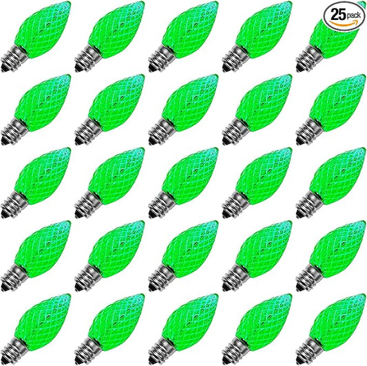 Meconard C7 Led Replacement Christmas Light Bulbs, C7 Shatterproof Led Bulbs for Christmas Indoor Outdoor String Lights, E12 Candelabra Base, Commercial Grade Holiday Light Bulbs, Green, 25 Pack