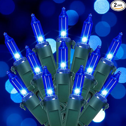 Hopolon Blue Christmas Lights, 13 Feet 50 Count String Light Green Wire, Pack of 2 Sets Incandescent Mini Lights for Indoor Outdoor Christmas Tree Garland Halloween Party Home Festival Decor,Blue