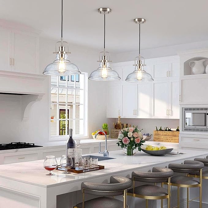 Modern Glass Pendant Light，Farmhouse Industrial Light Fixture with Adjustable Cord, Seeded Glass Shade, Hanging Lights for Kitchen Island,Hallway, Dinning Room