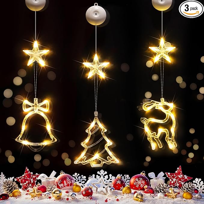 suddus Christmas Window Lights Decorations, 3Pcs Tree-Jingle Bell-Deer Shaped Xmas Lights Battery Powered with Suction Cups & Timer, Hanging String Lights Indoor for Tree, Fireplace, Warm White