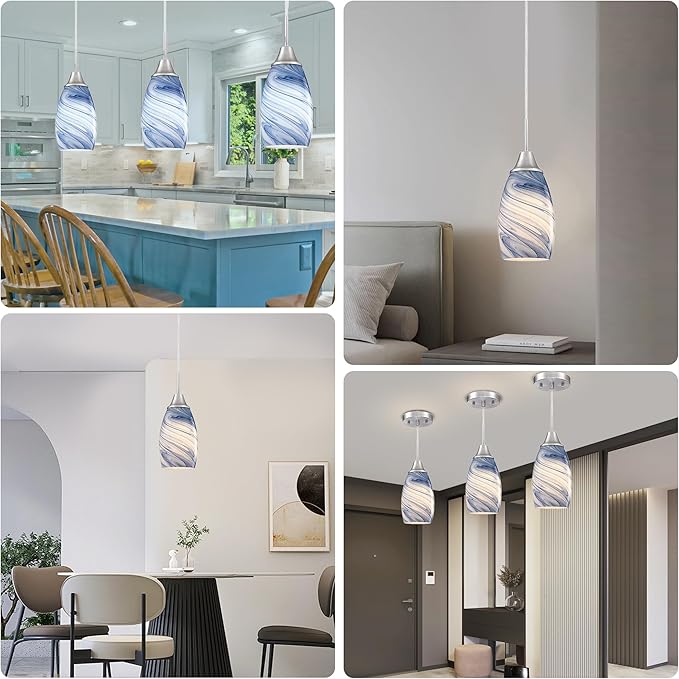 Mini Glass Pendant Light 1Pack Dark Blue Marble Art Glass Pendant Lights Kitchen Island Brushed Nickel Finish Hanging Light for Kitchen Over Sink,Dining Room,Foyer,Hallway