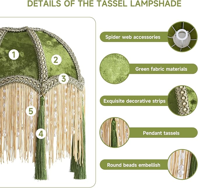 xiaojuande-Lampshade with tassels, Premium Classic Victorian, Style Bell Shape Scallop velvet top replacement lamp,10.14inch Width(olive green)