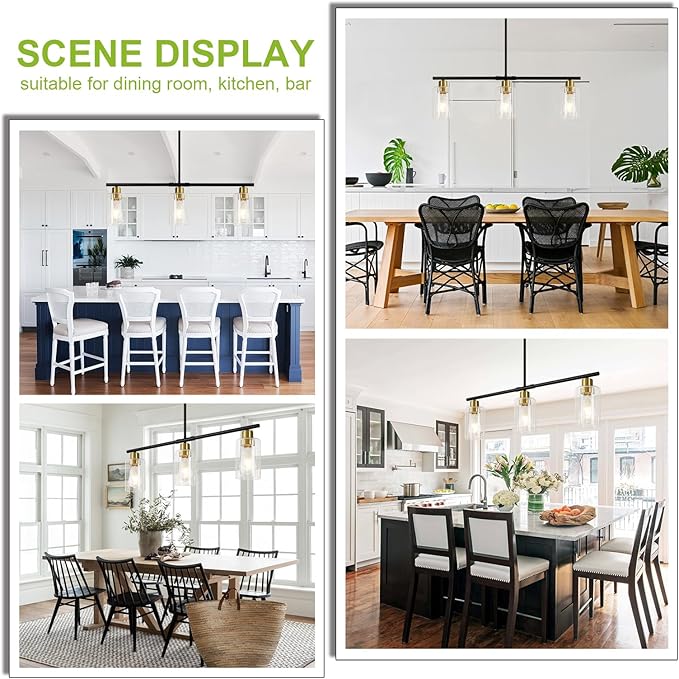 WILON Kitchen Island Lighting, 3 Lights Black Linear Chandeliers Modern Farmhouse Chandelier with Glass Shades for Kitchen Island Living Dining Room Foyer Bedroom (Black Gold, 3 Lights)