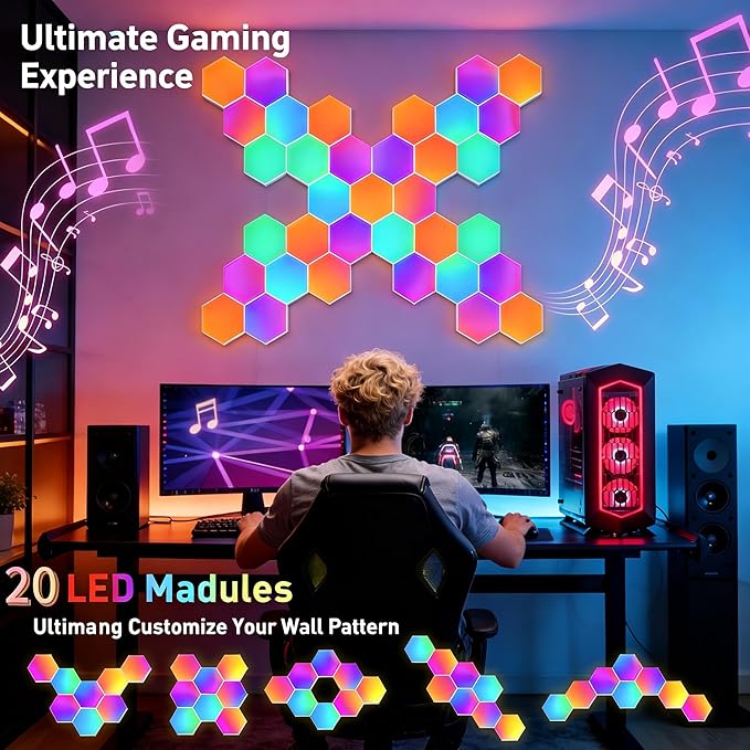 TISOFU Hexagon LED Lights - 20 Pack RGB Wall Panels, Modular Smart Gaming LED Panel with APP, Remote & Music Sync, Honeycomb Hexa Light for Bedroom, Party Decor, Kids, Adults, Gifts
