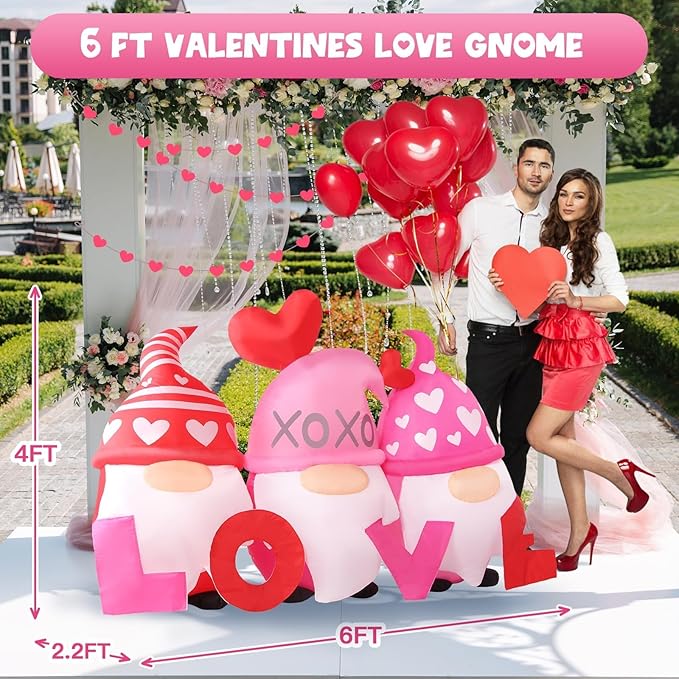 Valentines Day Inflatables Outdoor Decorations 6ft Long Gnome Love Blow Up Yard Décor Sweet Romantic Cute LED Lights for Indoor Outside Wedding Holiday Party Garden Lawn