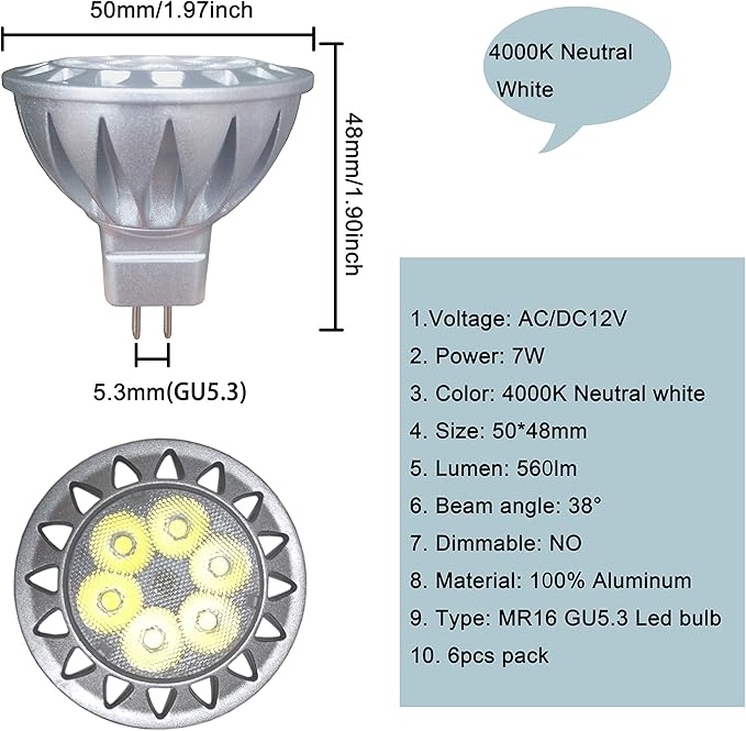 ALIDE MR16 7W 4000K Natural White Led Bulbs,50W 75W Halogen Equivalent,12V Low Voltage MR16 GU5.3 Bulb Spotlight for Outdoor Landscape Flood Track Lighting 560lm,38 Deg,6 Pack Not Dimmable