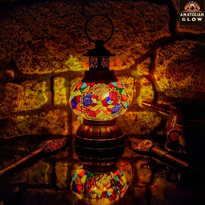 Portable Turkish Mosaic Lamp – Handmade Tiffany-Style Glass Light with Bronze Base and LED Bulb – Battery Powered Bedside Decor Lamp (Colorful Star Pattern) – Globe Size 6.5"