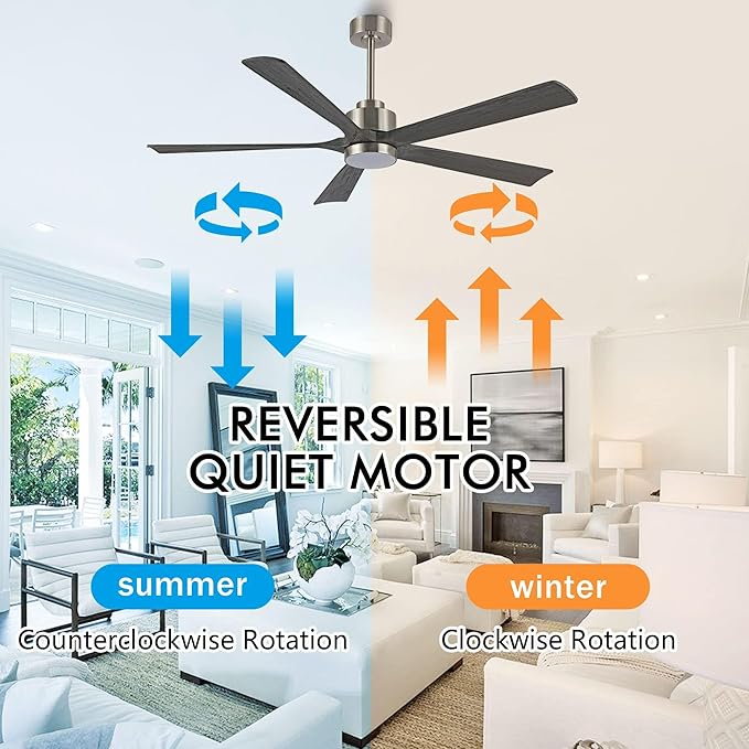 ELEHINSER 52" Modern Ceiling Fan with Lights and Remote Control, 5 Solid Wood Blades 6-Speed Noiseless Reversible DC Motor, Ceiling Fan for Bedroom Dinning Living Room, Nickel Finish with Wood Blades