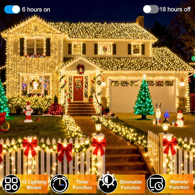 750 LED 240FT Christmas String Lights Outdoor, 12 Pro Modes and Timer Memory & Brightness, Plug in Outdoor Waterproof Clear Wire Twinkle Light for for Xmas Yard Tree Wedding Party Decor (Warm White)