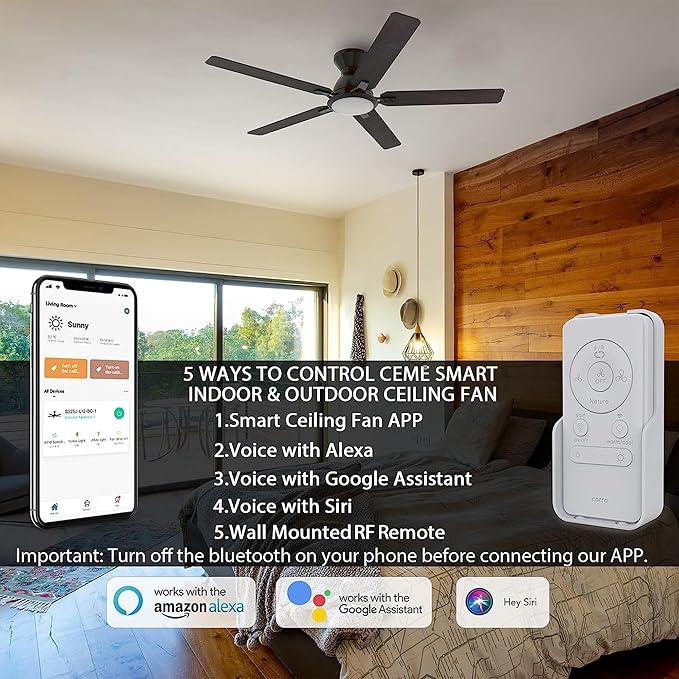 CEME Smart Low Profile Ceiling Fan with Lights, DC 10 Speeds Smart Ceiling Fan with Remote, Compatible with Alexa, Siri & Google Home & APP, 3 Light Colors Dimmable Flush Mount, Black, 52"