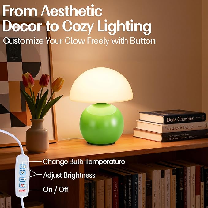 Small Mushroom Lamp,USB-Plug in Bedside Table Lamps with 3-Temperature LED Bulb Dimmable,Unique Cute Aesthetic Home Decor for Living Room,Bedroom, Modern Ceramic Base Glass Lamp(Green)