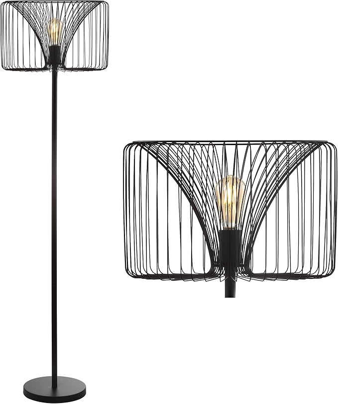 JONATHAN Y 61" Black Modern Industrial Metal LED Floor Lamp, Wire Cage Drum Shade Standing Lamp for Living Room, Bedroom, On-Off Foot-Switch, LED Bulb Included, UL Listed JYL6105A