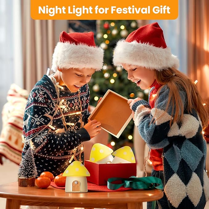 Mushroom Night Light, Cabinet Light Dimmable with 3 Color Temperature 3000/4500/6000K, Smart Motion Sensor Magnetic Rechargeable Nightlight for Kid Room, Gift Decoration, Yellow, 2 Pack
