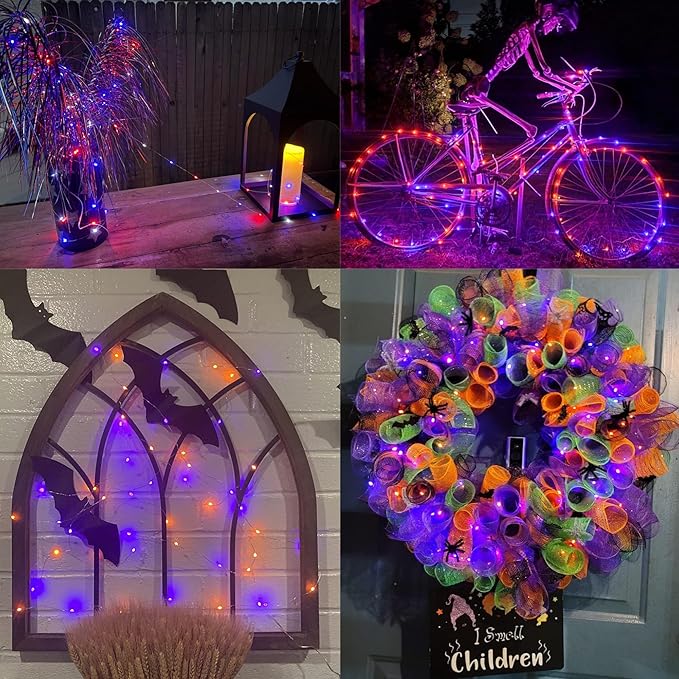 YEGUO Orange and Purple Halloween Lights Outdoor Waterproof, 4 Packs Each 33ft 100 LED Solar Fairy Light,8 Modes Black Wire String Lights