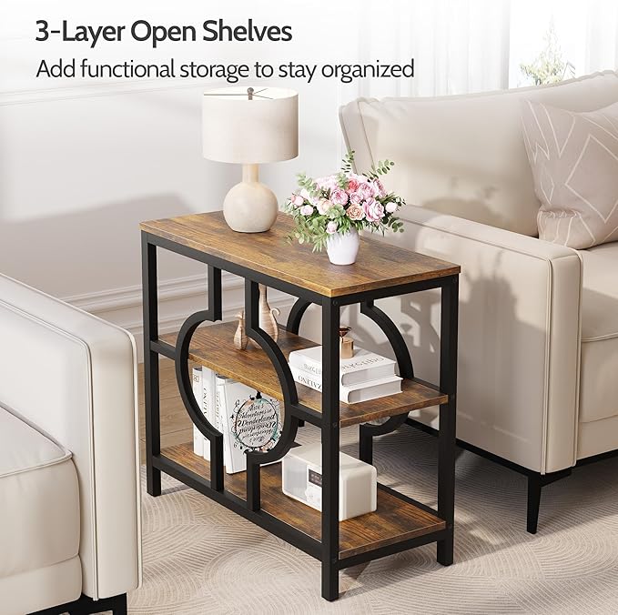 End Table, Narrow Side Table with 3-Tier Storage Shelves, Wood Sofa Side Table with Geometric Metal Frame for Living Room, Industrial Bedside Nightstand for Bedroom (Brown)