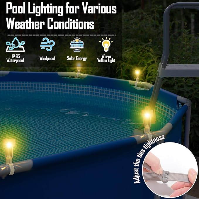 16 Pack Gray Solar Pool Lights for Above Ground Pools LED Solar Lights Warm Yellow Light Waterproof Above Ground Pool Light for Frame Pools Decoration Swimming Pools Night Accessories